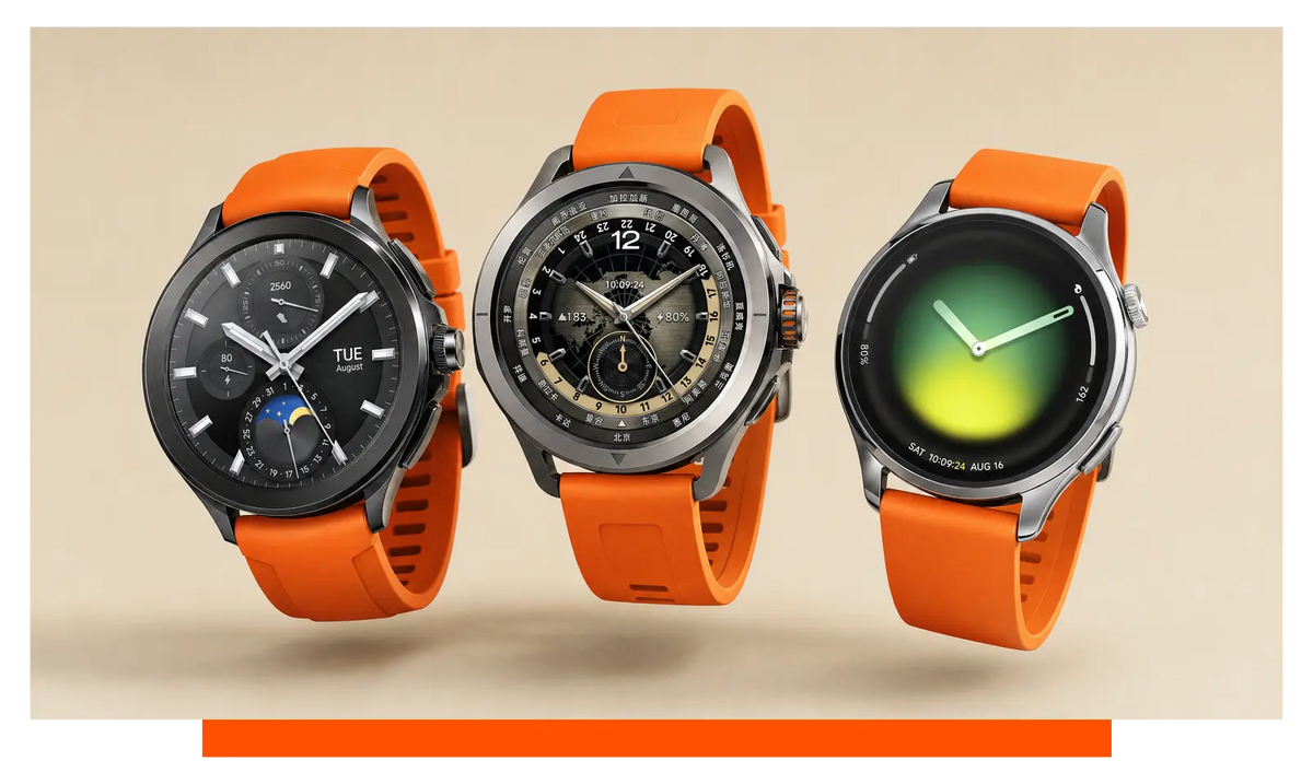 Three smartwatches shown side by side, floating in the studio - Xiaomi Watch 2 Pro and Xiaomi Watch S4 Sport and Xiaomi Watch 5