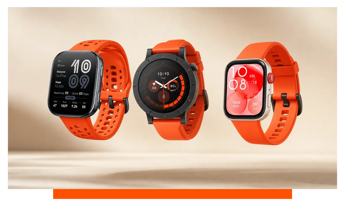 Three smartwatches shown side by side, floating in the studio - Amazfit Bip 6 and CMF Watch 3 Pro and Huawei Watch Fit 3