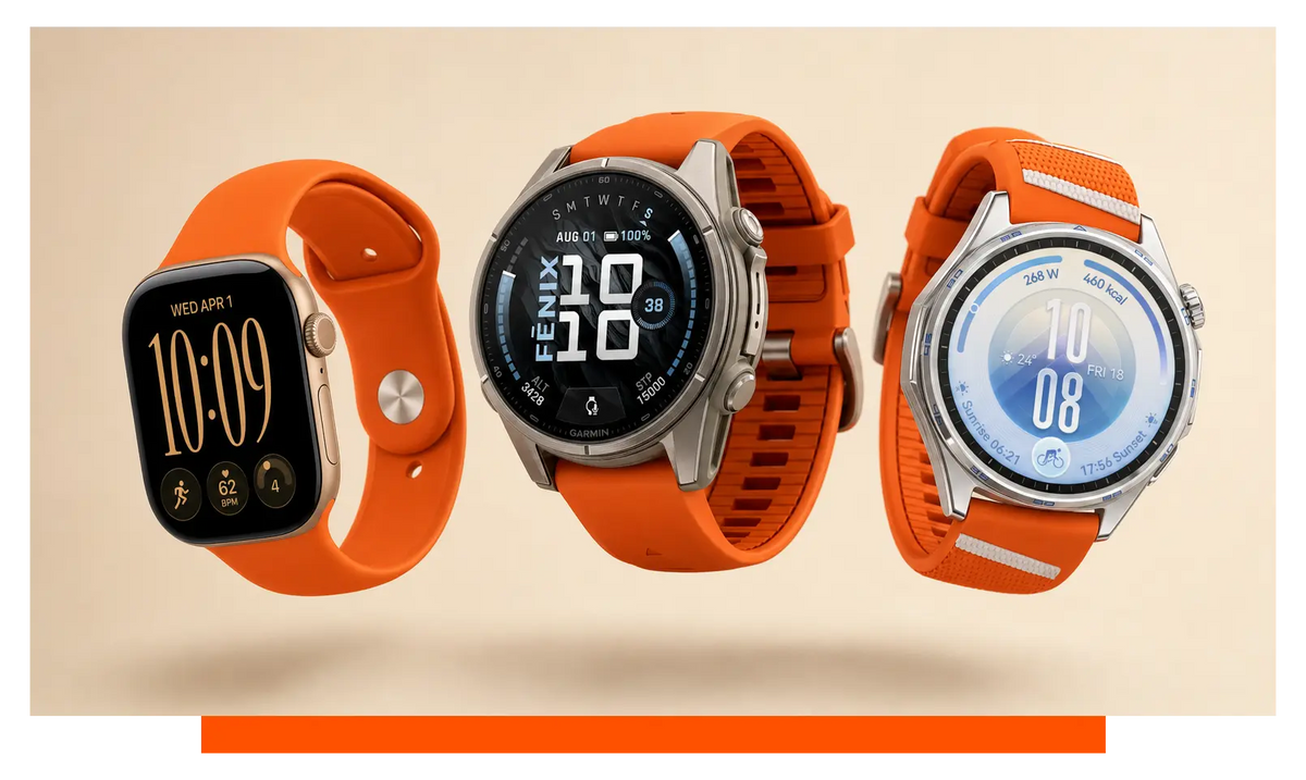 Three smartwatches shown side by side, floating in the studio - Apple Watch 12 and Garmin Fenix 9 and Huawei Watch GT 7