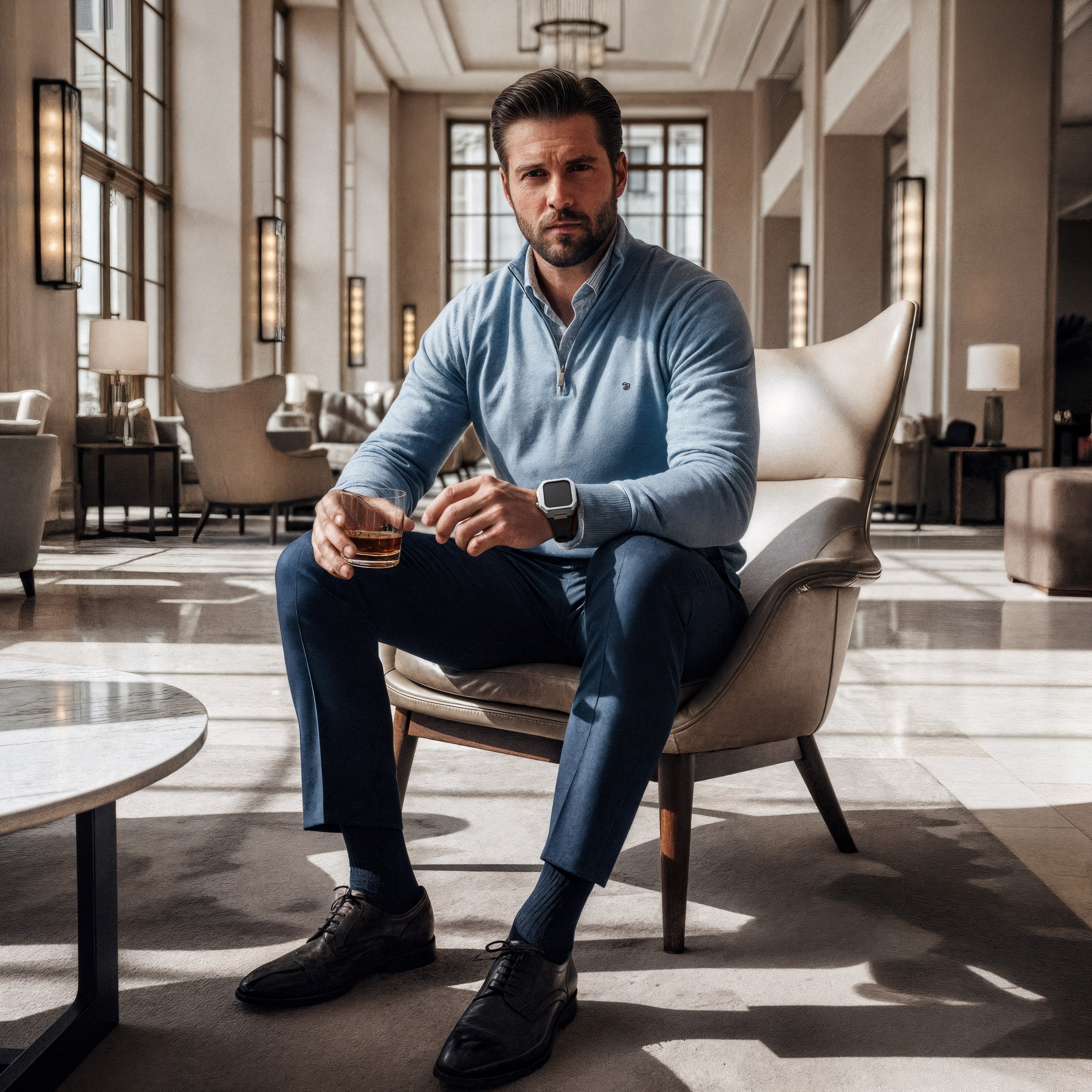 Reqior Apple Watch 45mm Metal Case with Leather Strap (Silver/Black)