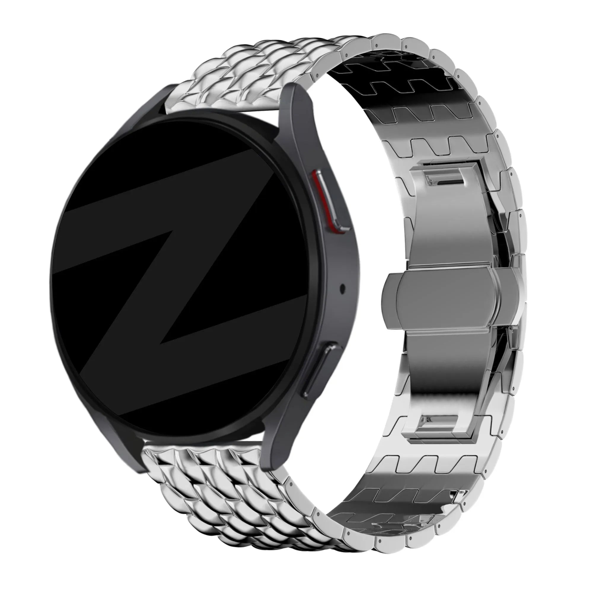 Steel Strap 'Dragon', silver, on a watch, 3/4 front view