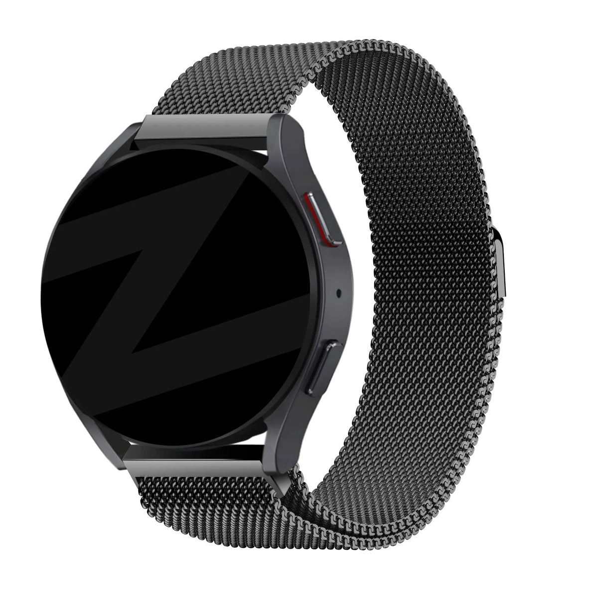 Milanese Loop Strap, silver, on a watch, 3/4 front view