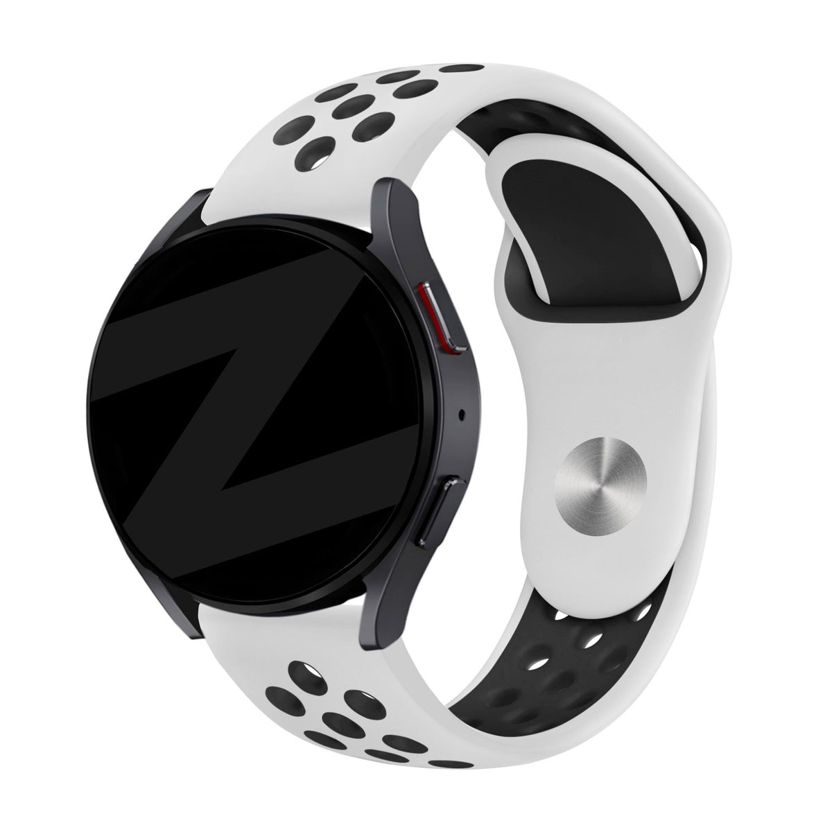Silicone Sport Strap 'Deluxe', white/black, on a watch, 3/4 front view