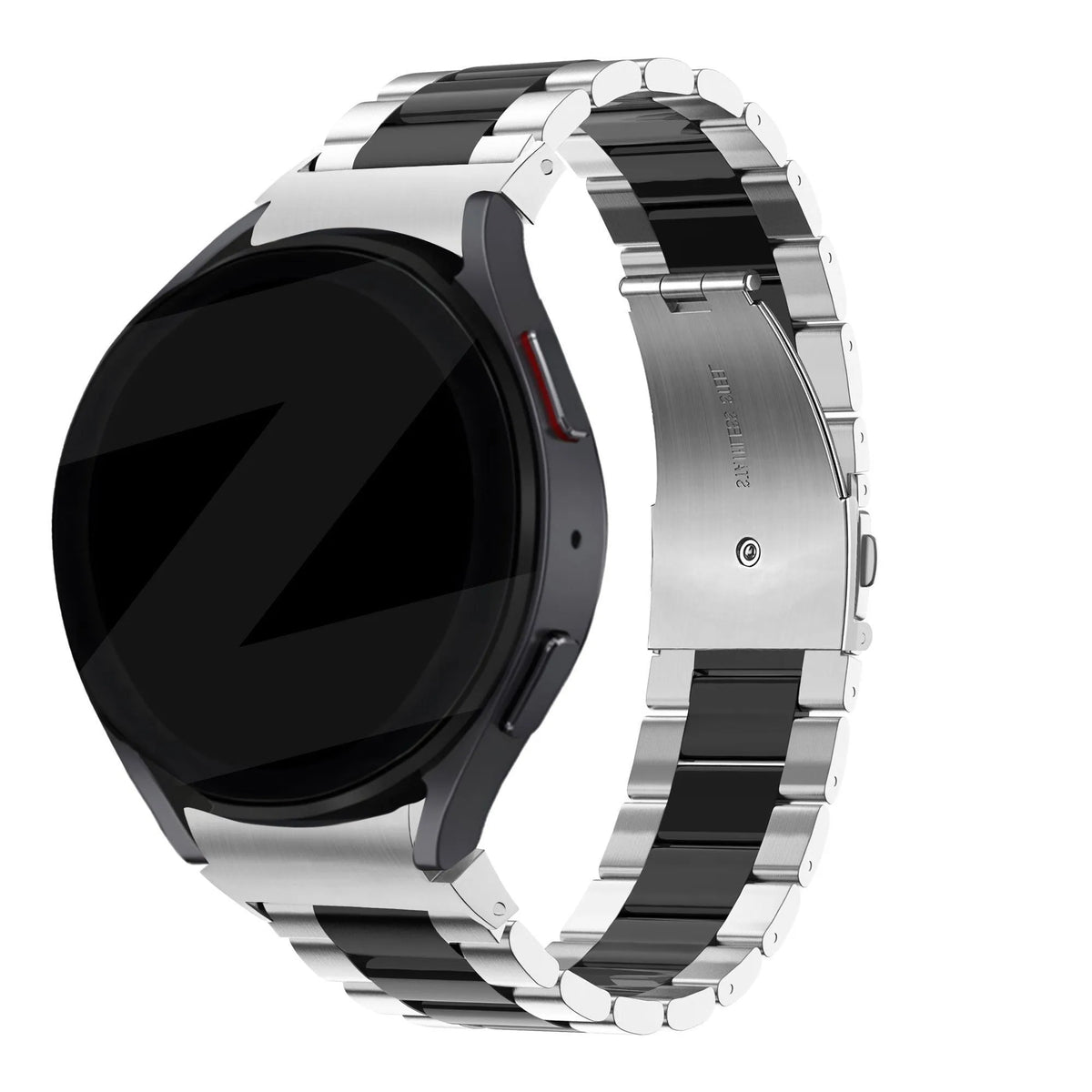 Steel Strap 'Classic', silver/black, on a watch, 3/4 front view