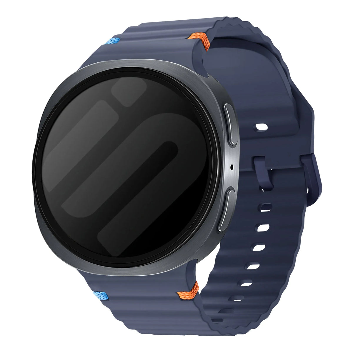 Wave Silicone Strap, dark blue, on a watch, 3/4 front view