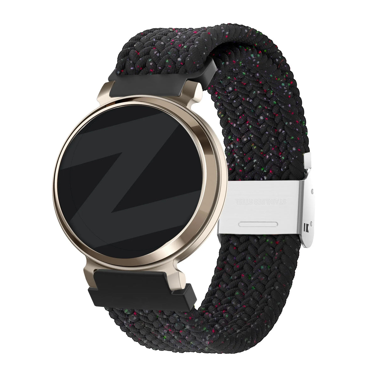 Woven Nylon Strap, black, on a watch, 3/4 front view