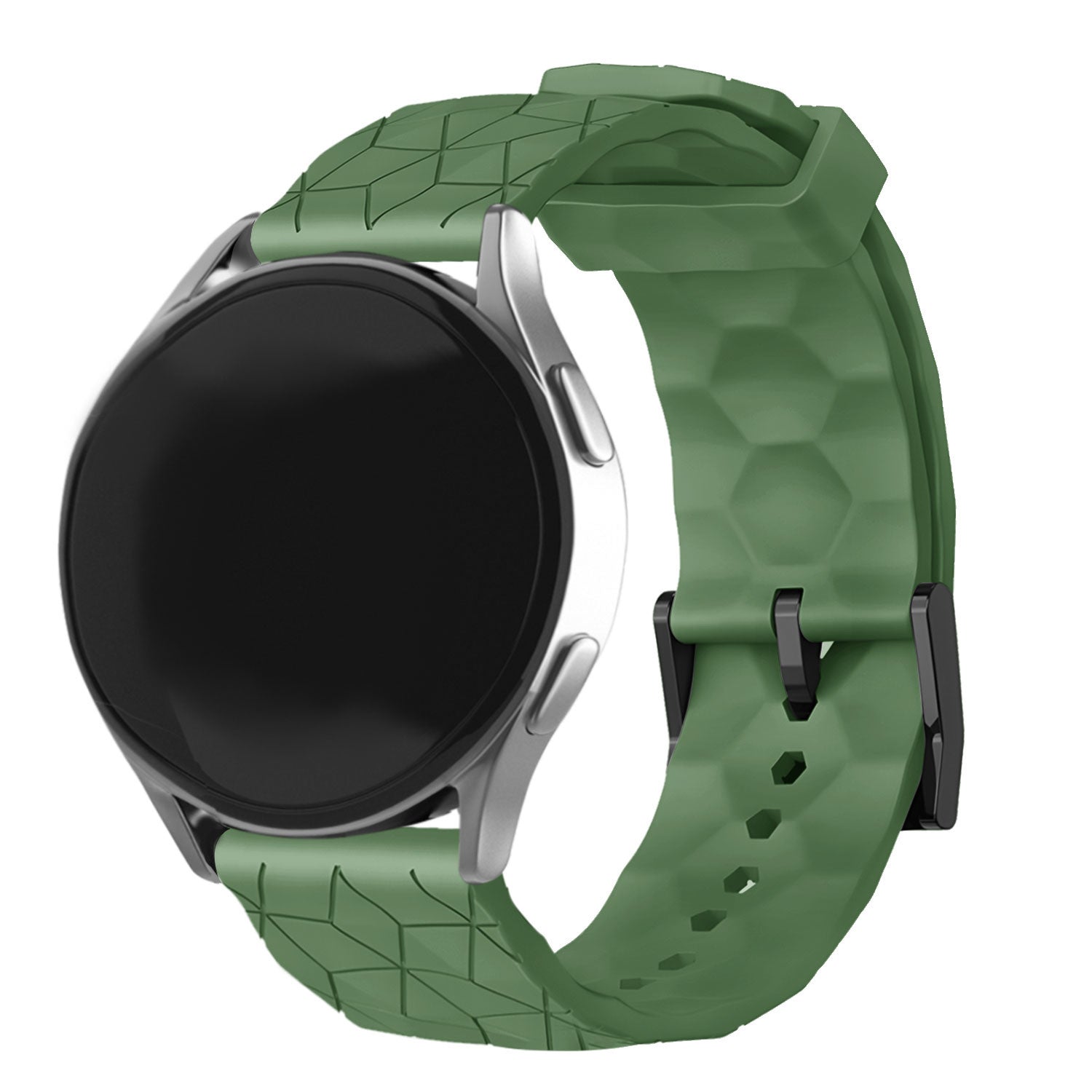 Silicone Strap Hexagons, army green, on a watch, 3/4 front view