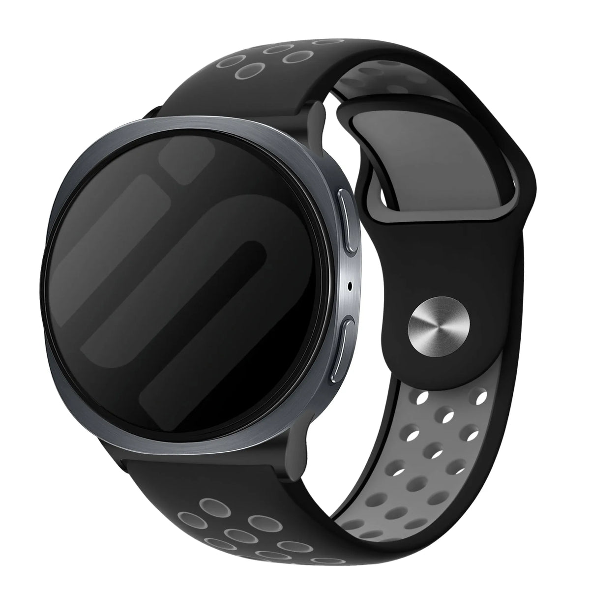 Silicone Sport Strap, black/grey, on a watch, 3/4 front view