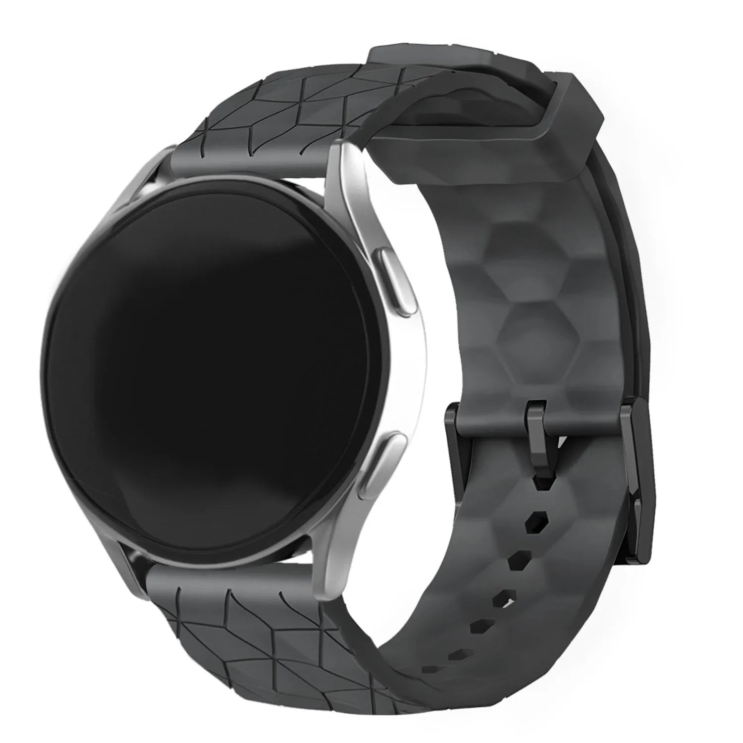 Silicone Strap Hexagons, black, on a watch, 3/4 front view
