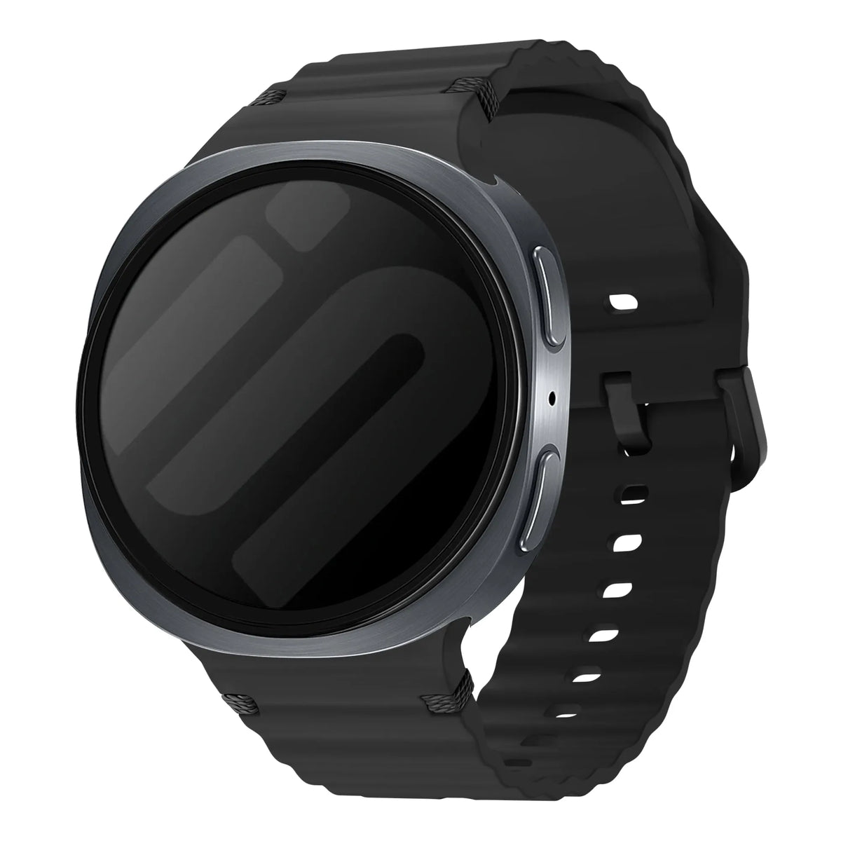 Wave Silicone Strap, black, on a watch, 3/4 front view