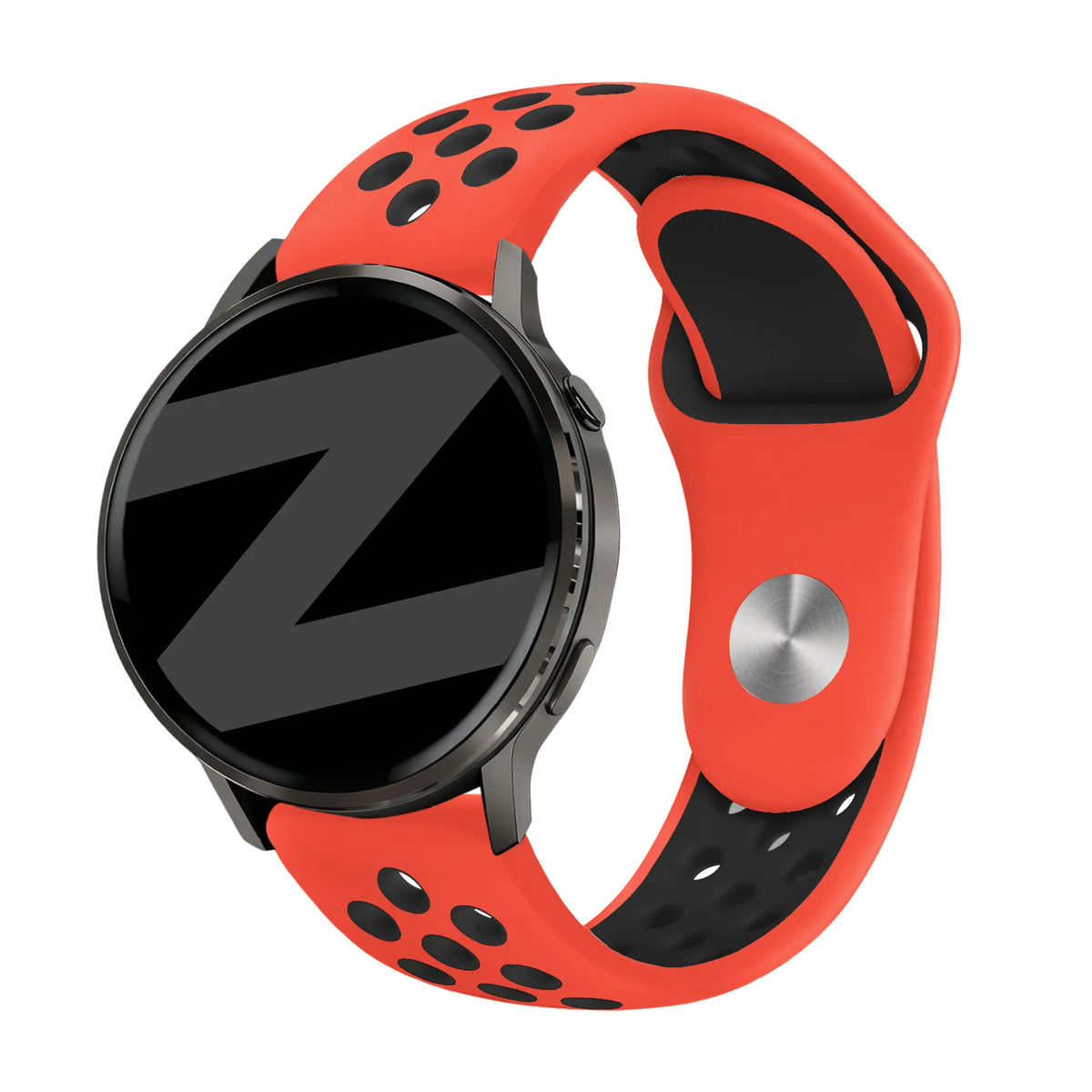 Silicone Sport Strap 'Deluxe', red/black, on a watch, 3/4 front view