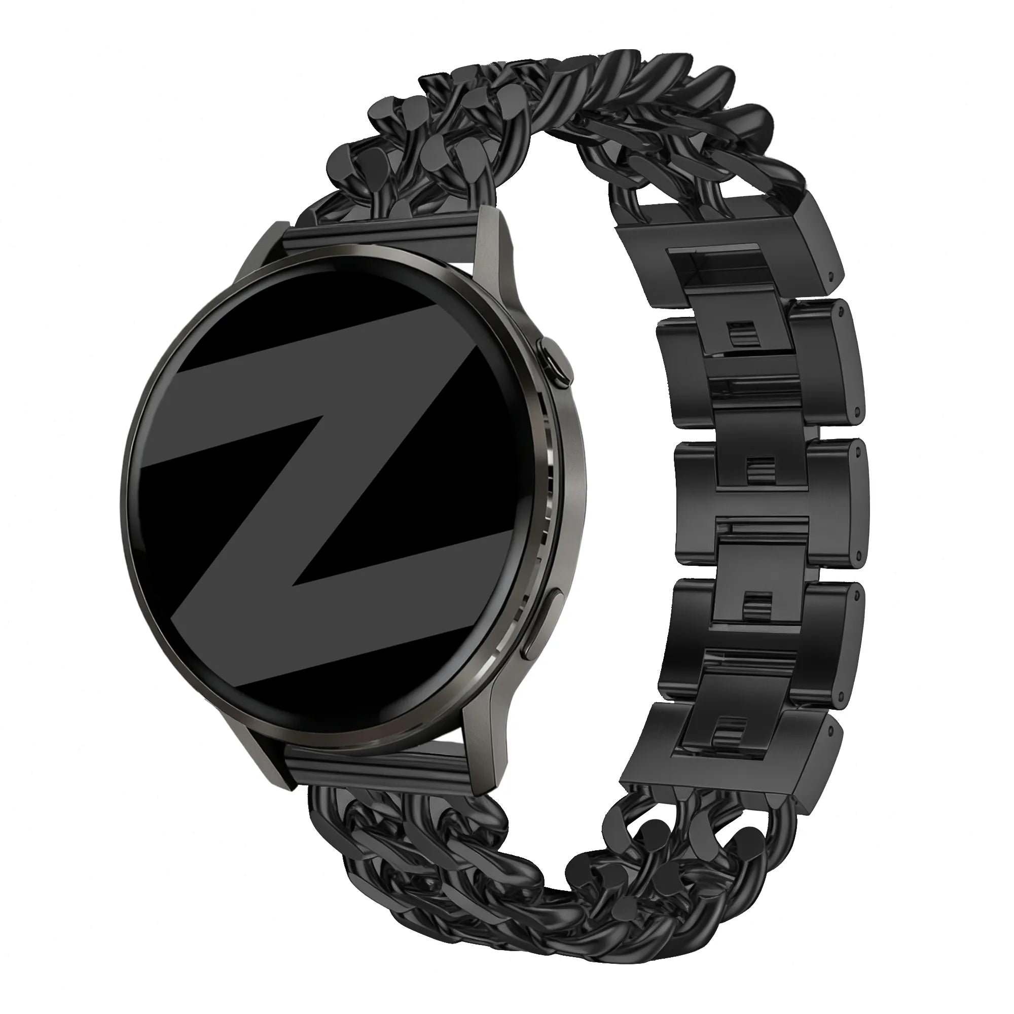 Metal Strap 'Double Chains', black, on a watch, 3/4 front view