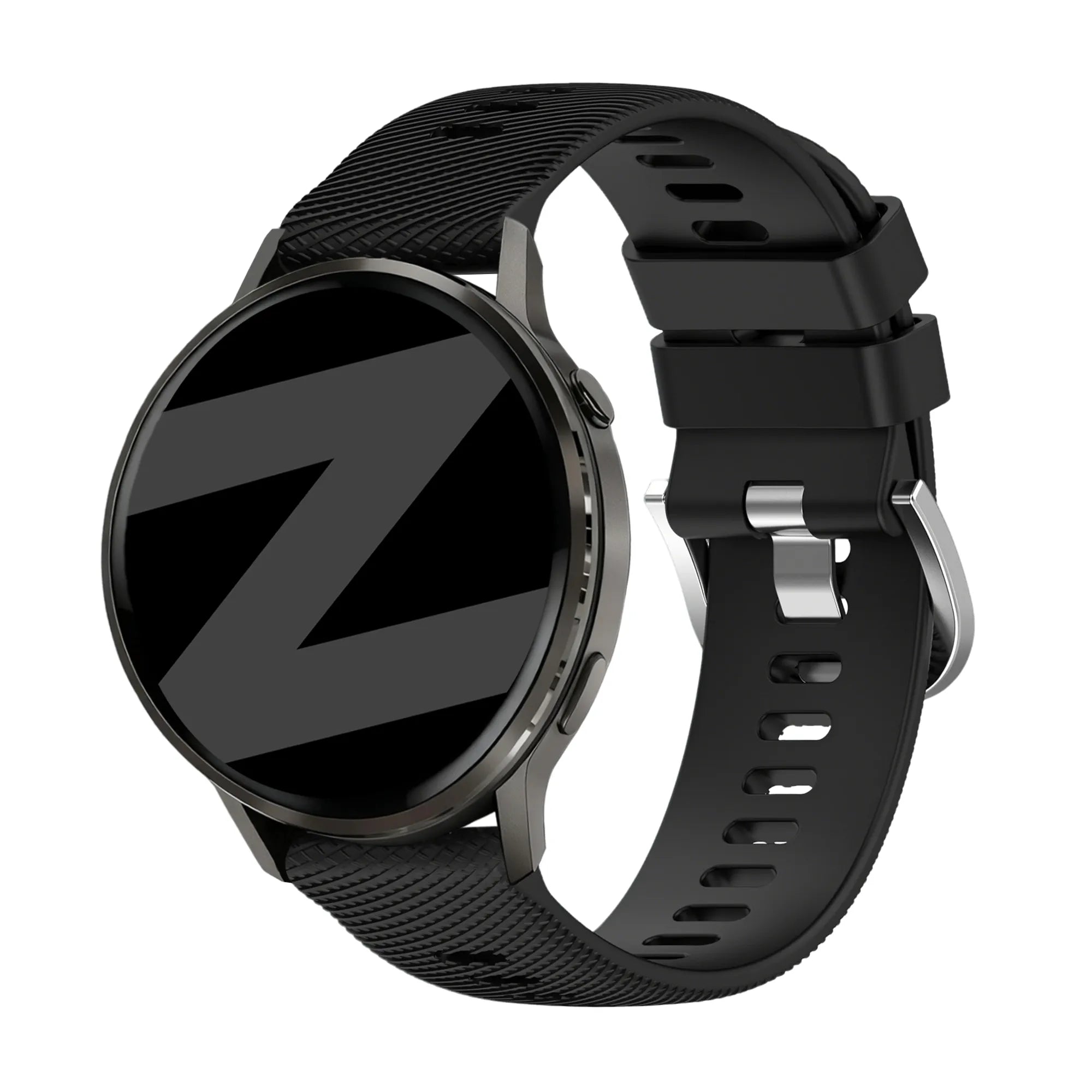 Silicone Strap 'Deluxe', black, on a watch, 3/4 front view