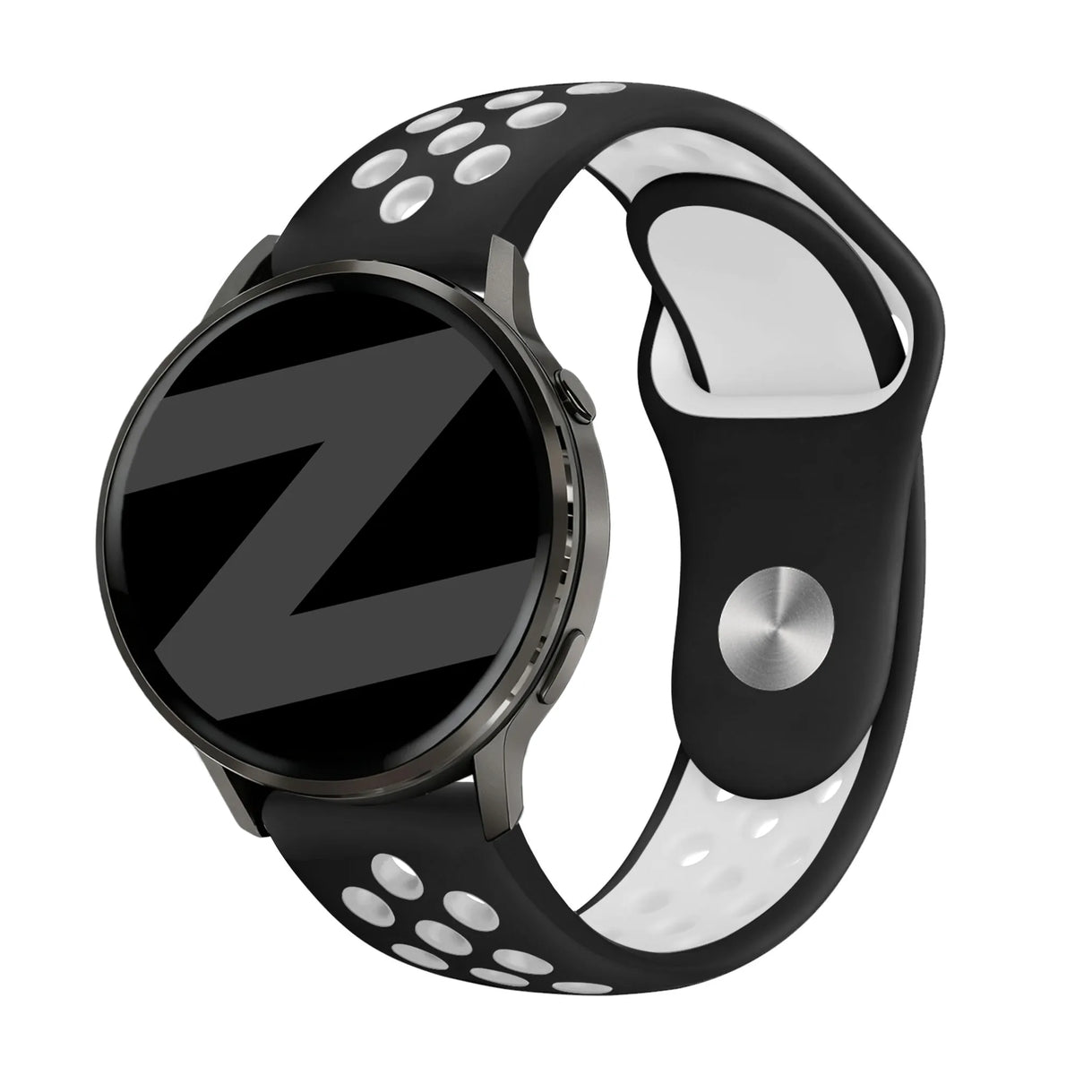 Silicone Sport Strap 'Deluxe', black/white, on a watch, 3/4 front view