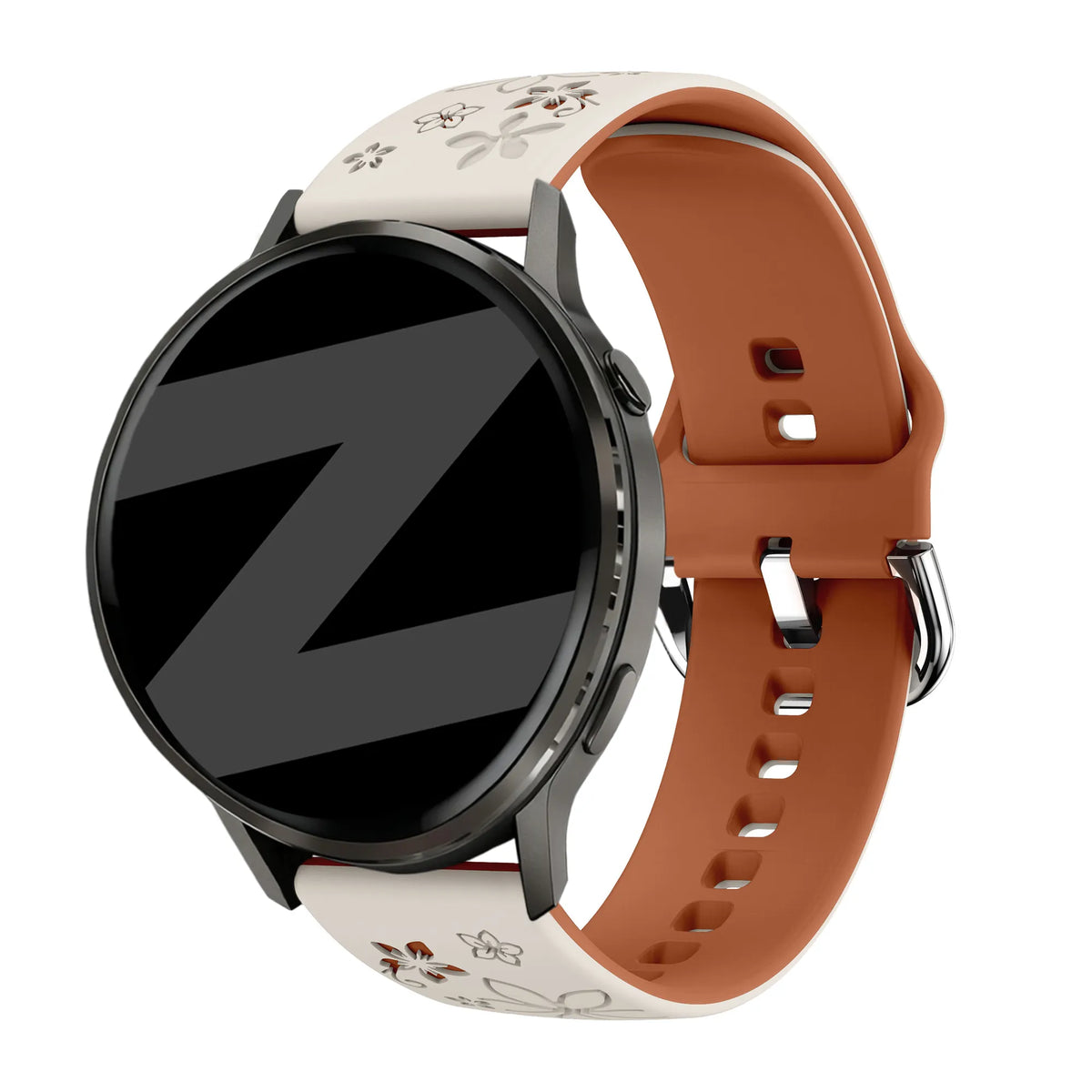 Silicone Strap 'Flowers', starlight/brown, on a watch, 3/4 front view