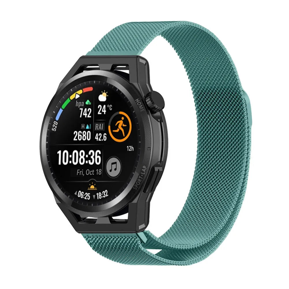 Milanese Strap, green, on a watch, 3/4 front view