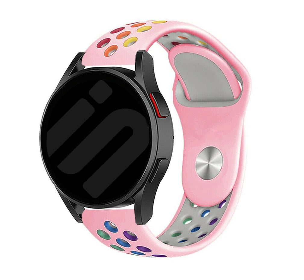 Silicone Sport Strap, pink/colourful, on a watch, 3/4 front view