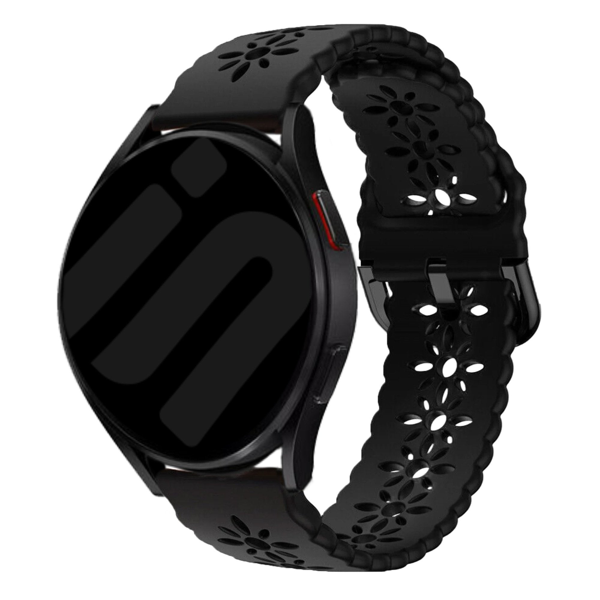 Patterned Silicone Strap, black, on a watch, 3/4 front view