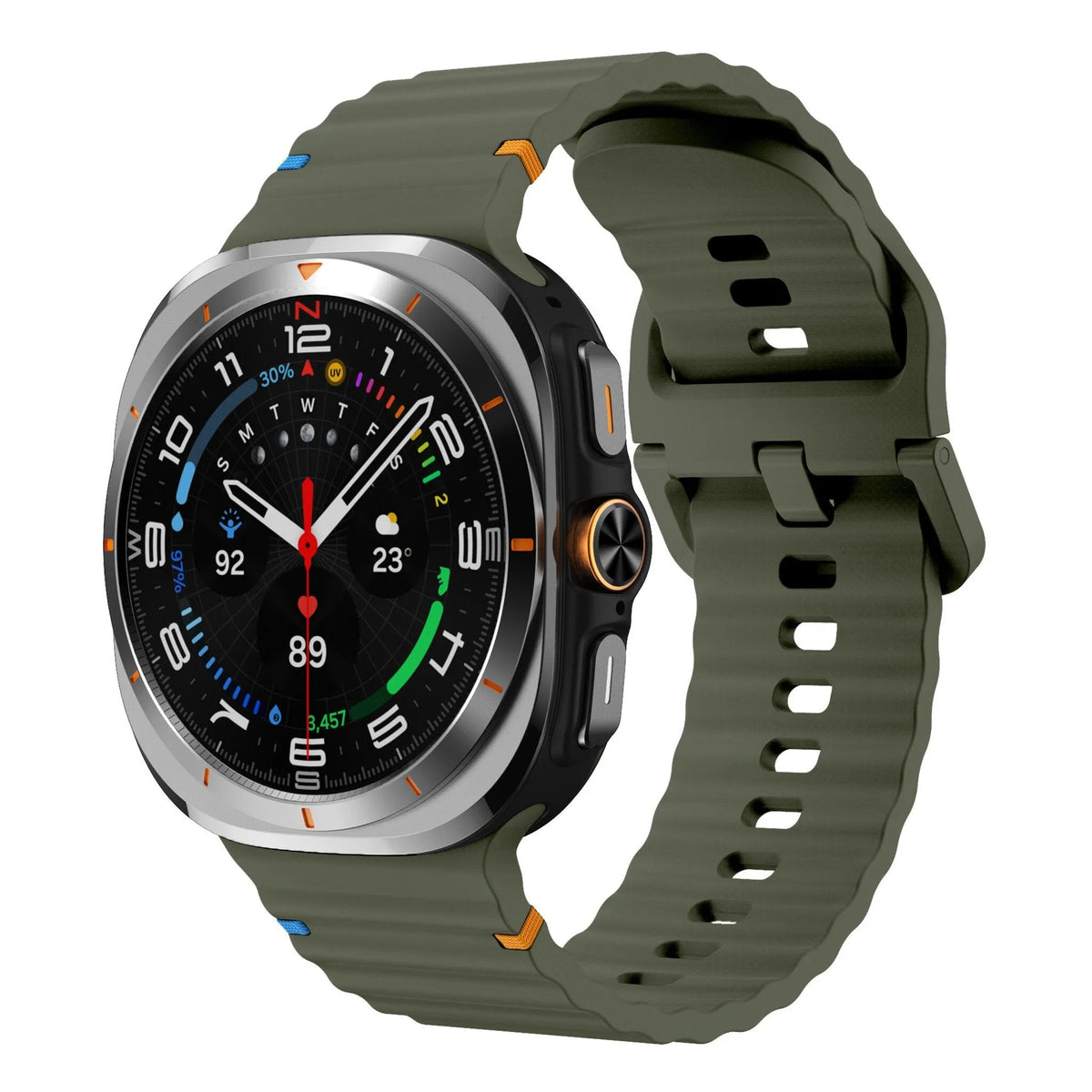 Wave Silicone Strap, army green, on a watch, 3/4 front view