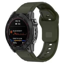 Outdoor Silicone Strap, army green, on a watch, 3/4 front view