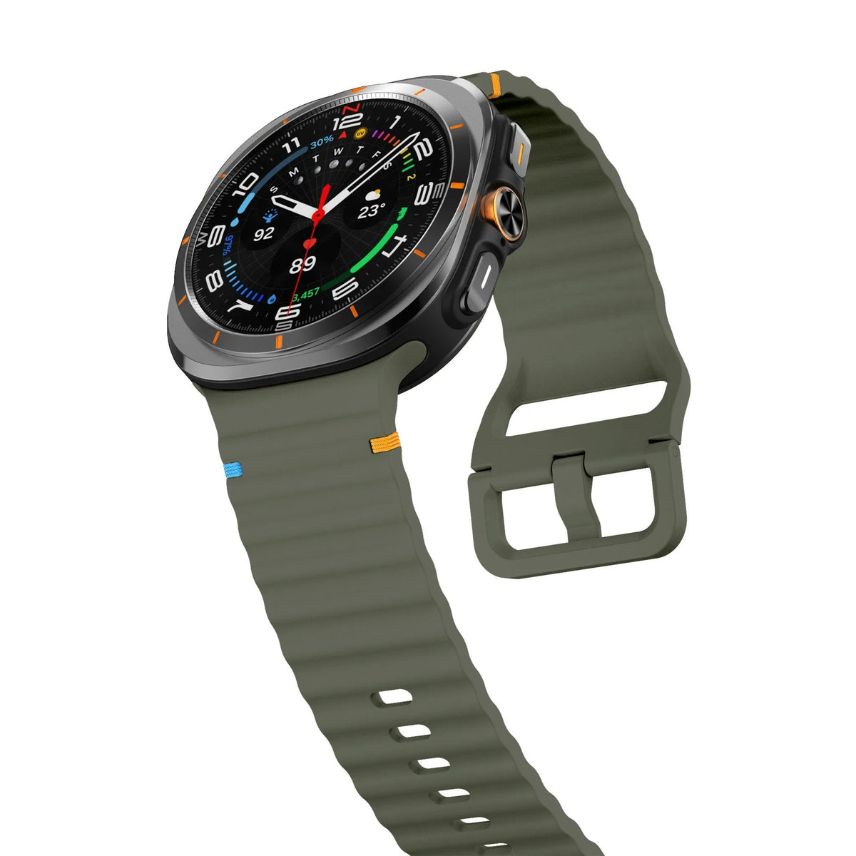 Wave Silicone Strap, army green, on a watch, 3/4 front view