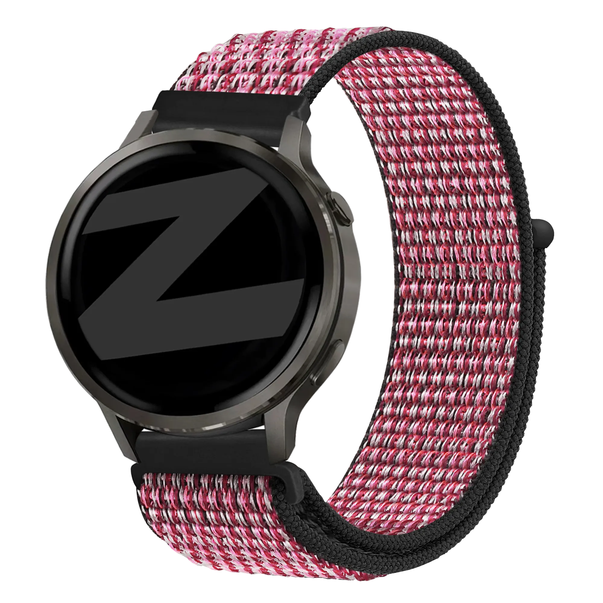 Nylon Loop Strap, berry, on a watch, 3/4 front view