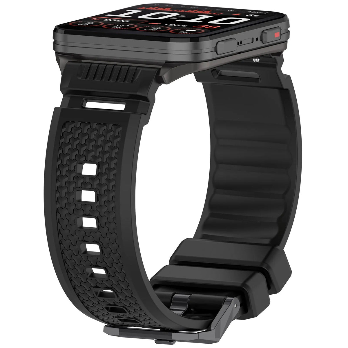 Silicone Strap, black, on a watch, 3/4 front view