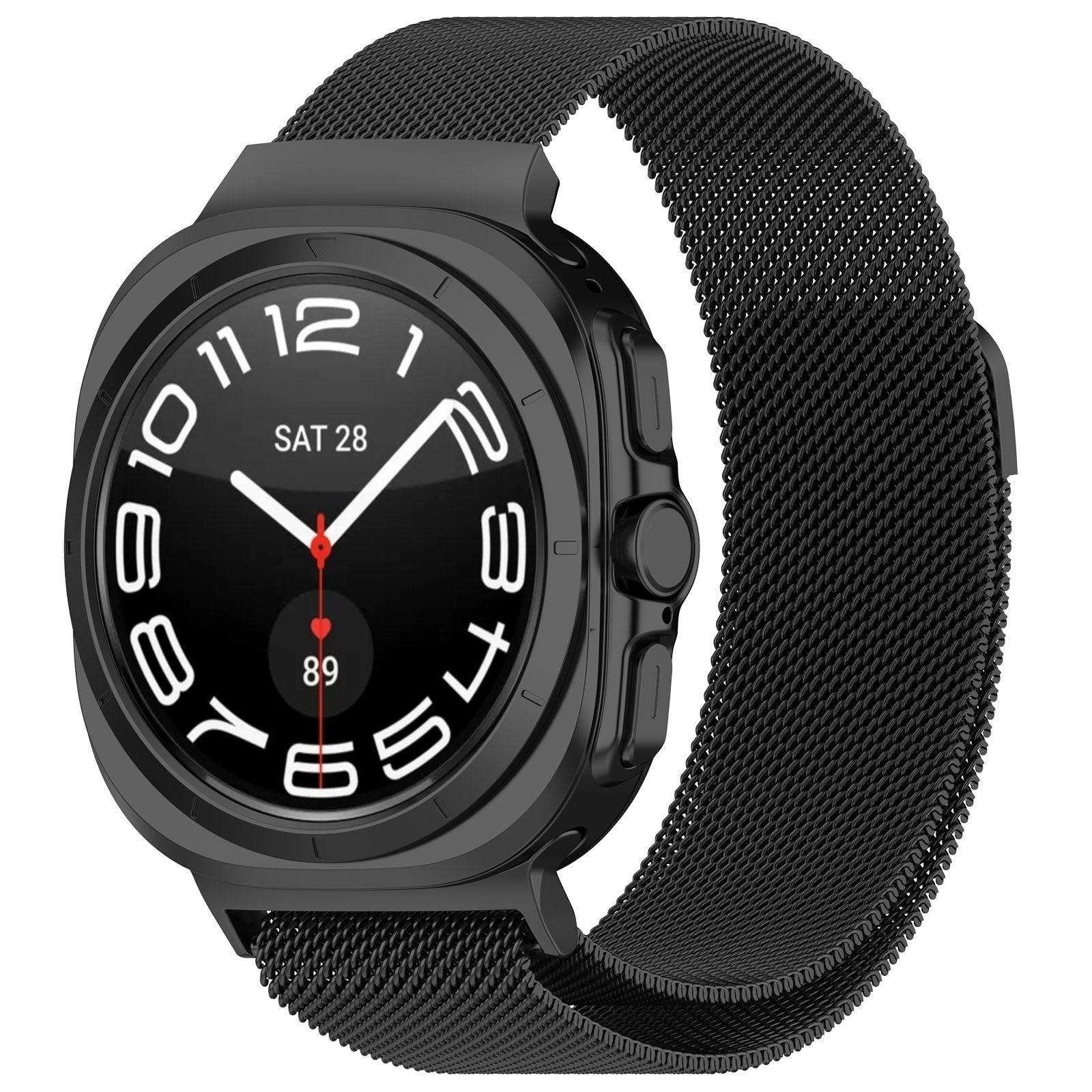 Milanese Strap, black, on a watch, 3/4 front view