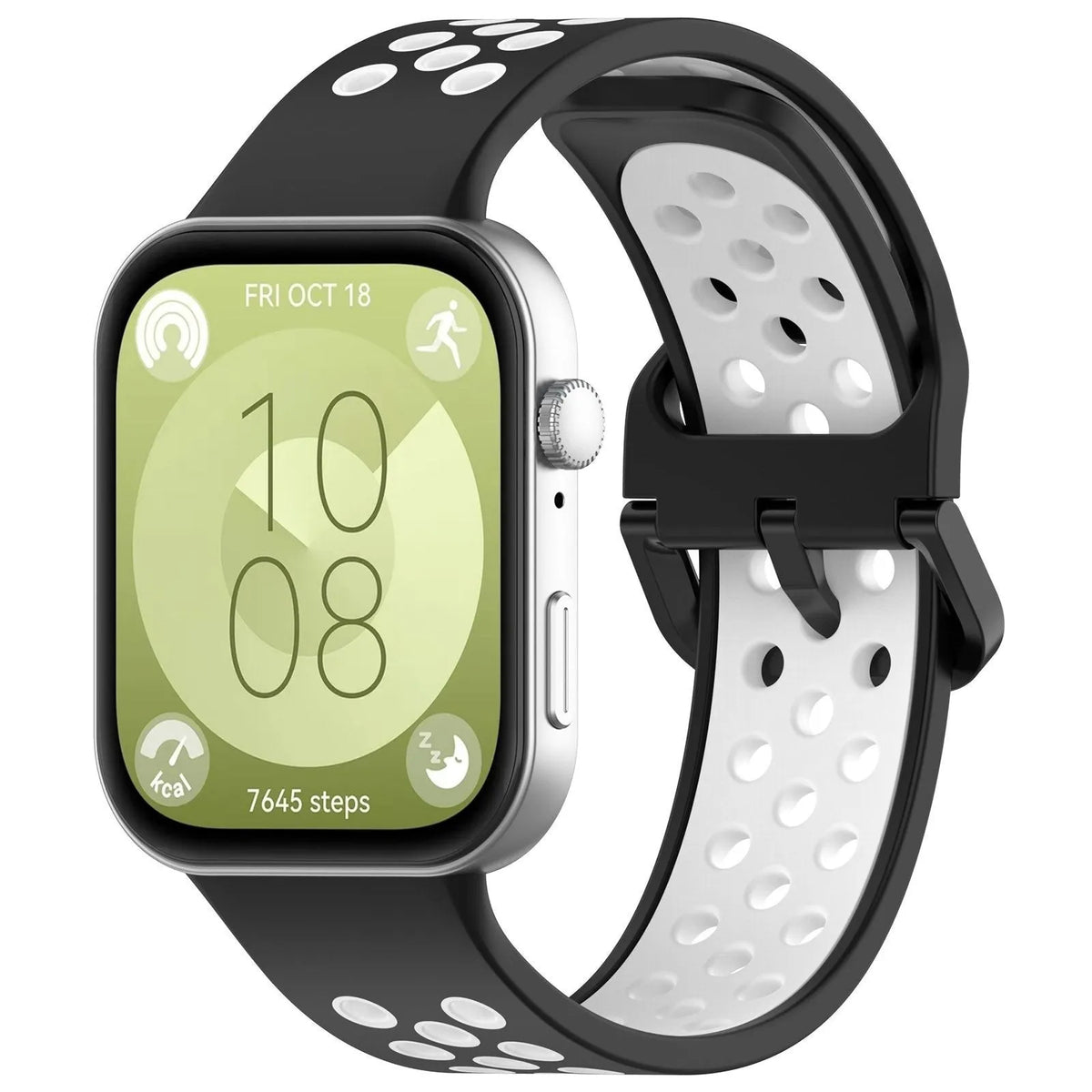 Silicone Sport Strap, black/white, on a watch, 3/4 front view