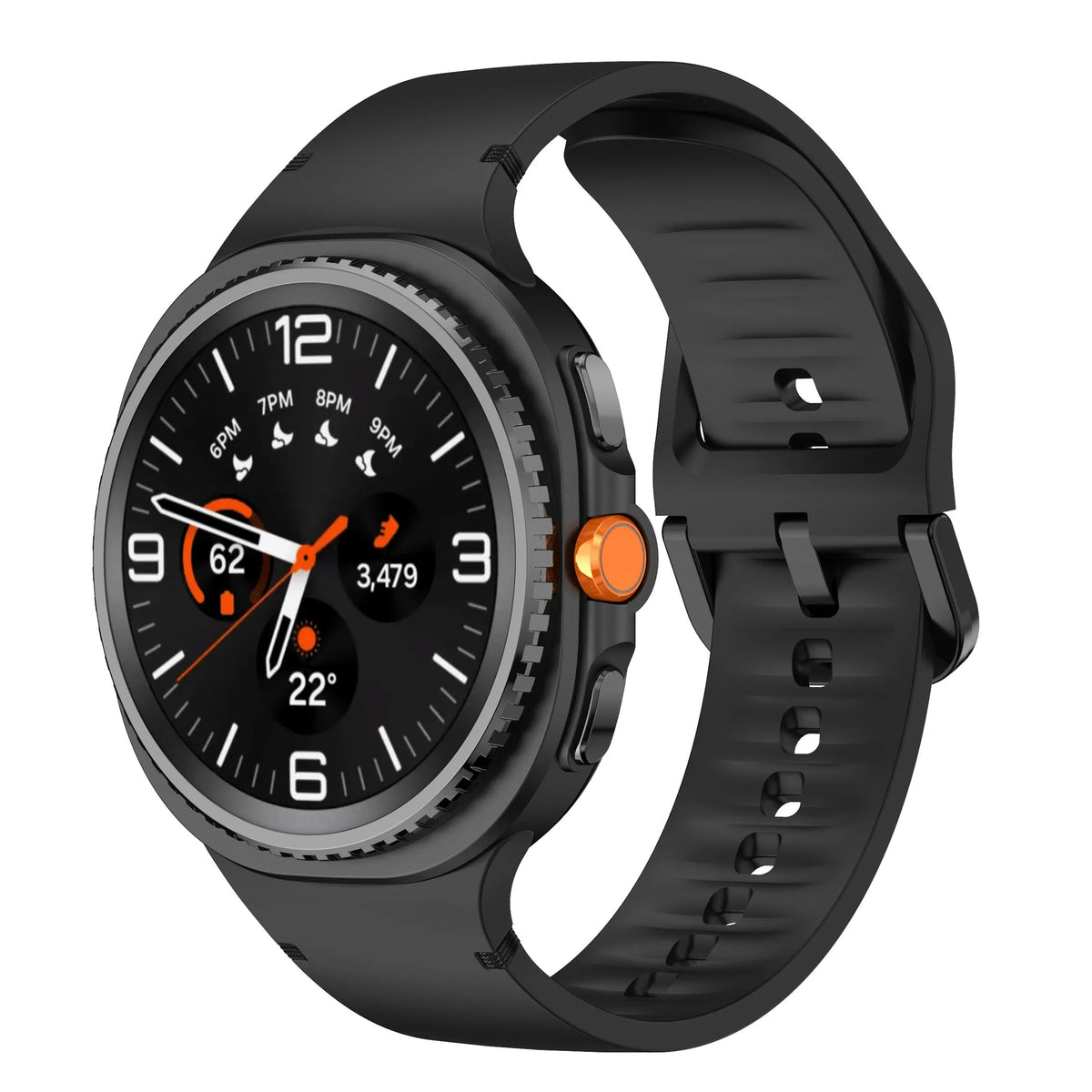 Silicone Strap, black, on a watch, 3/4 front view