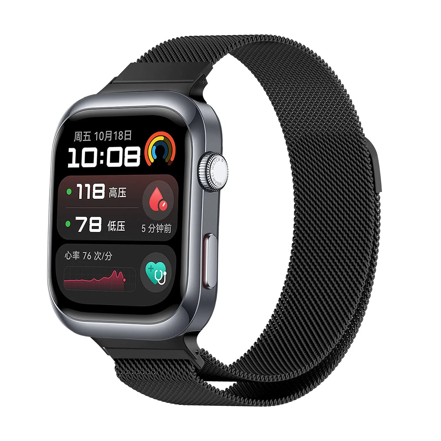 Milanese Strap, black, on a watch, 3/4 front view
