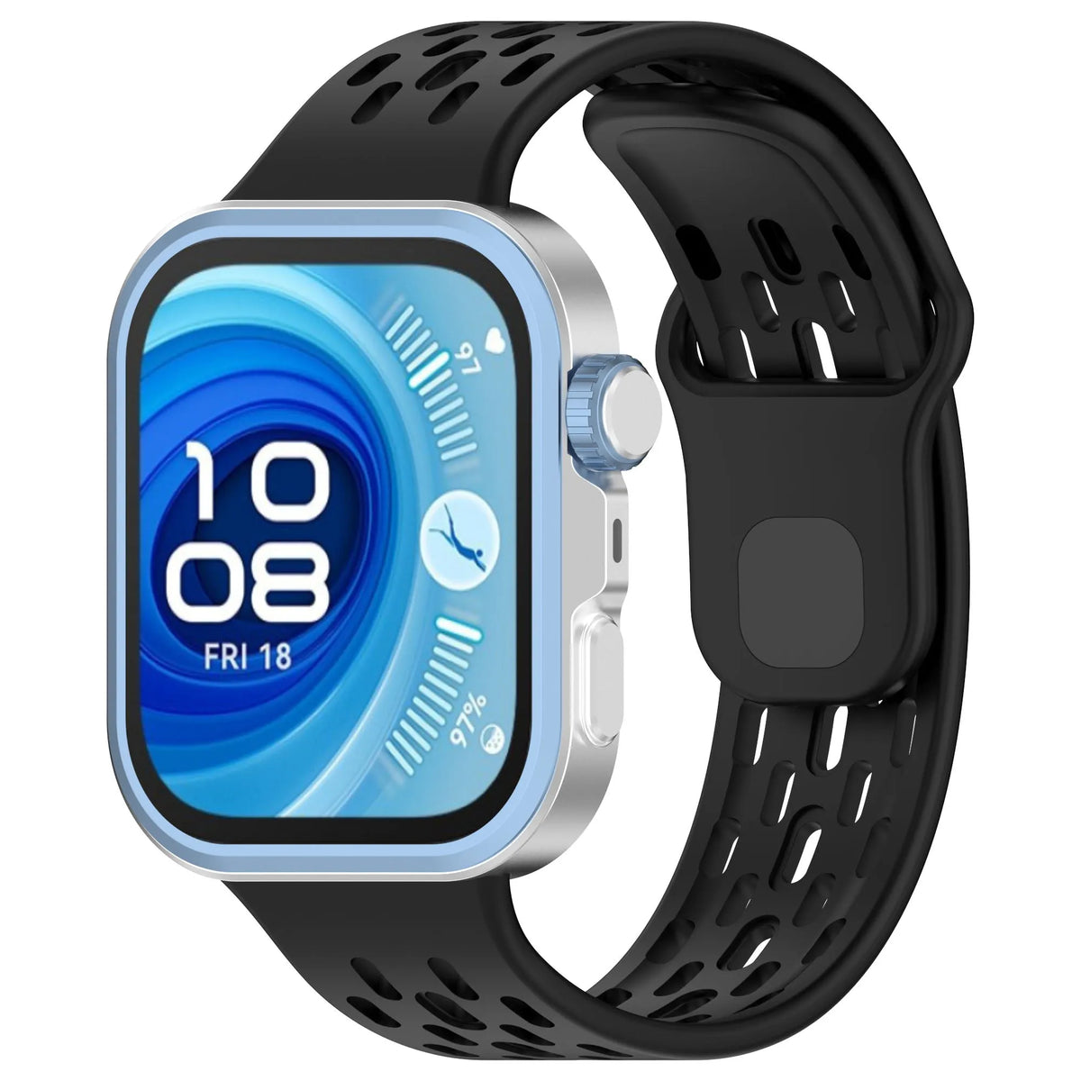 Silicone Air Strap, black, on a watch, 3/4 front view