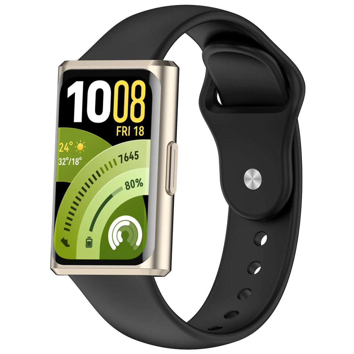 Silicone Sport Strap, black, on a watch, 3/4 front view