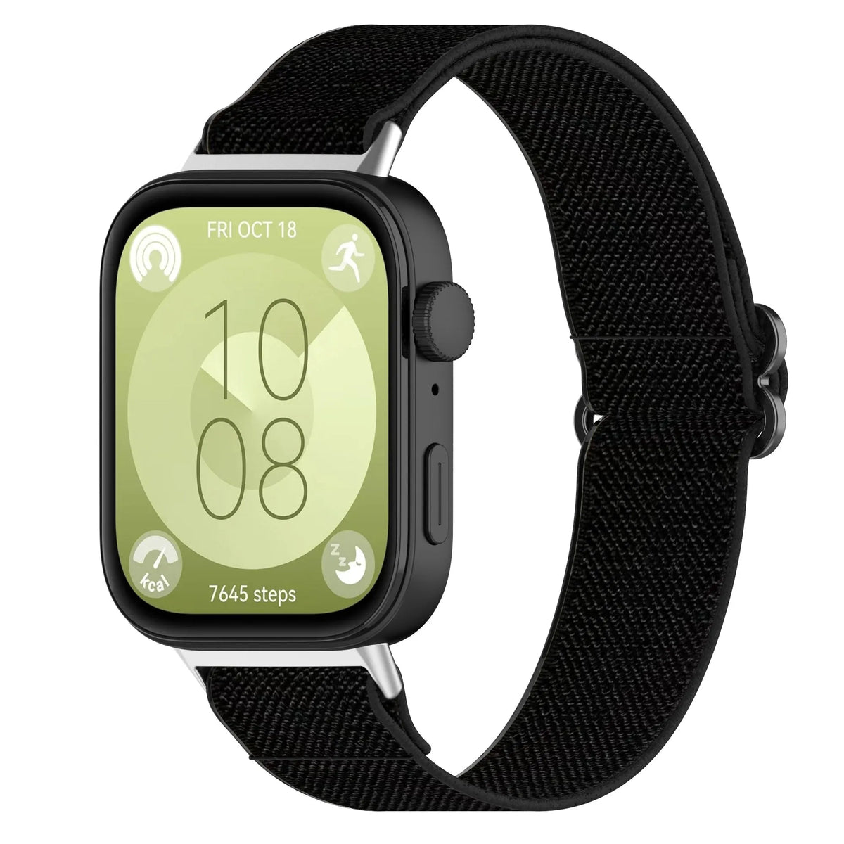 Nylon Elastic Strap, black, on a watch, 3/4 front view
