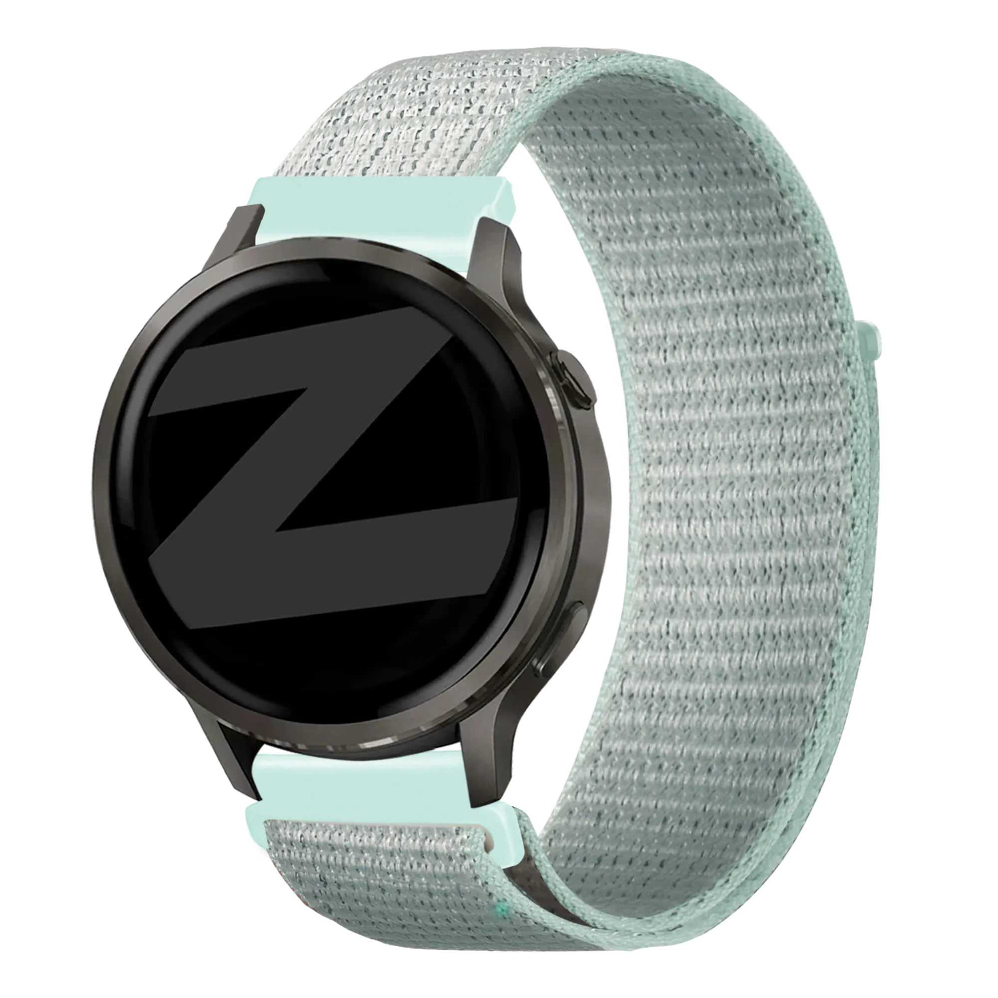 Nylon Loop Strap, light cyan, on a watch, 3/4 front view