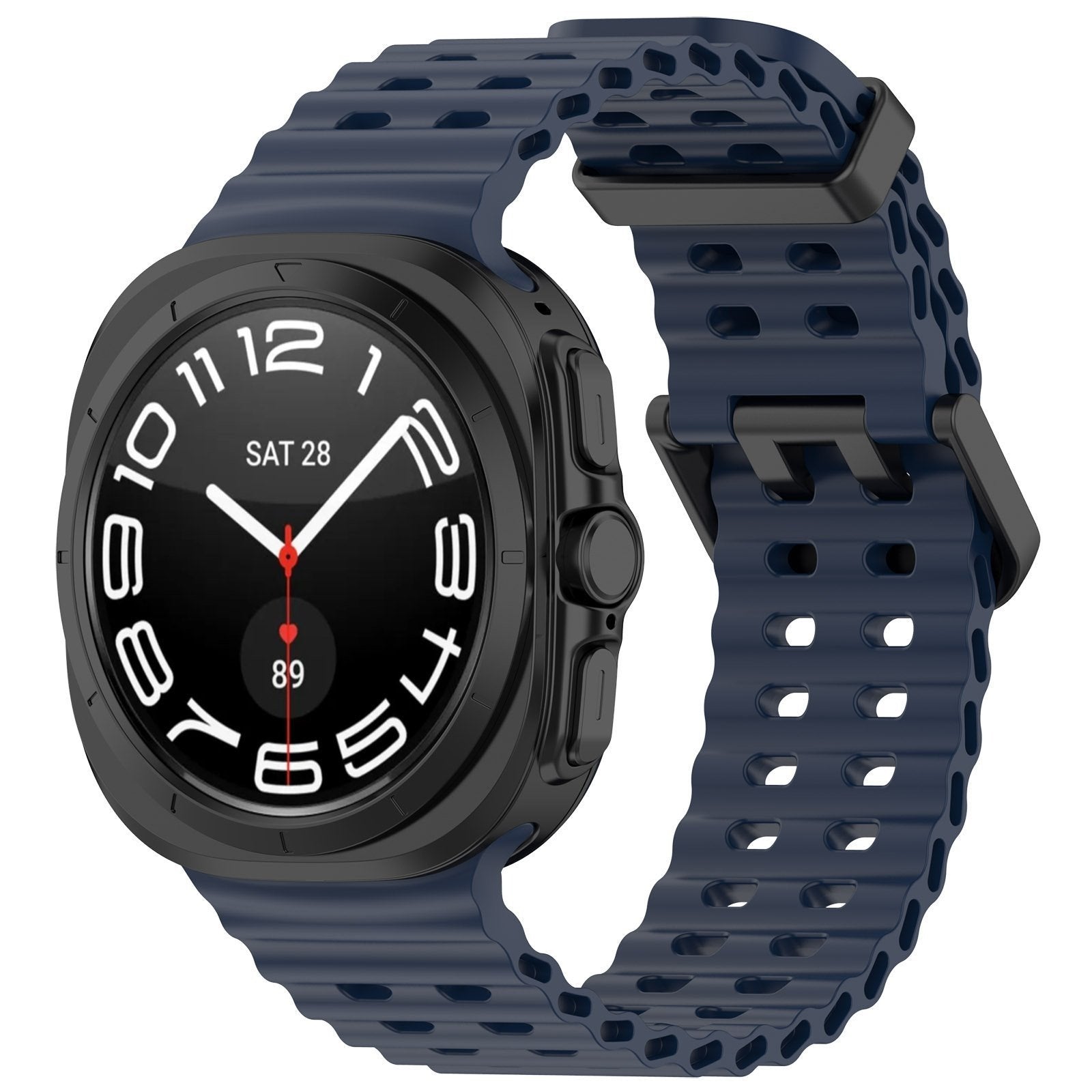 Silicone Ocean Strap, dark blue, on a watch, 3/4 front view