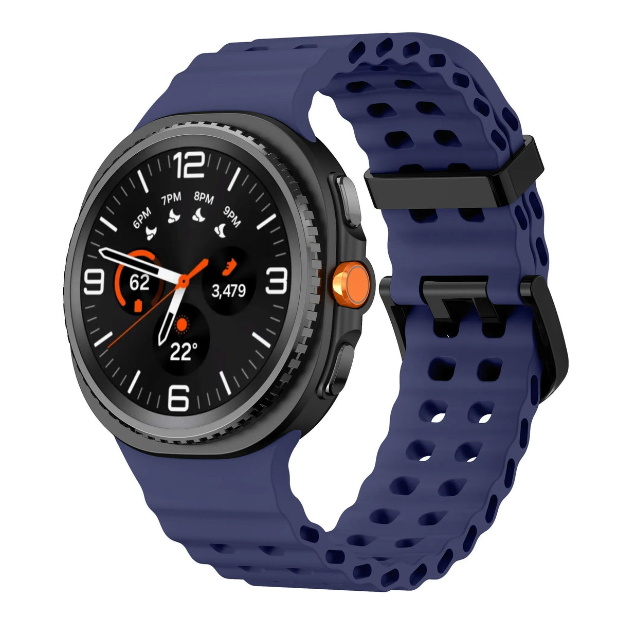 Silicone Ocean Strap, dark blue, on a watch, 3/4 front view
