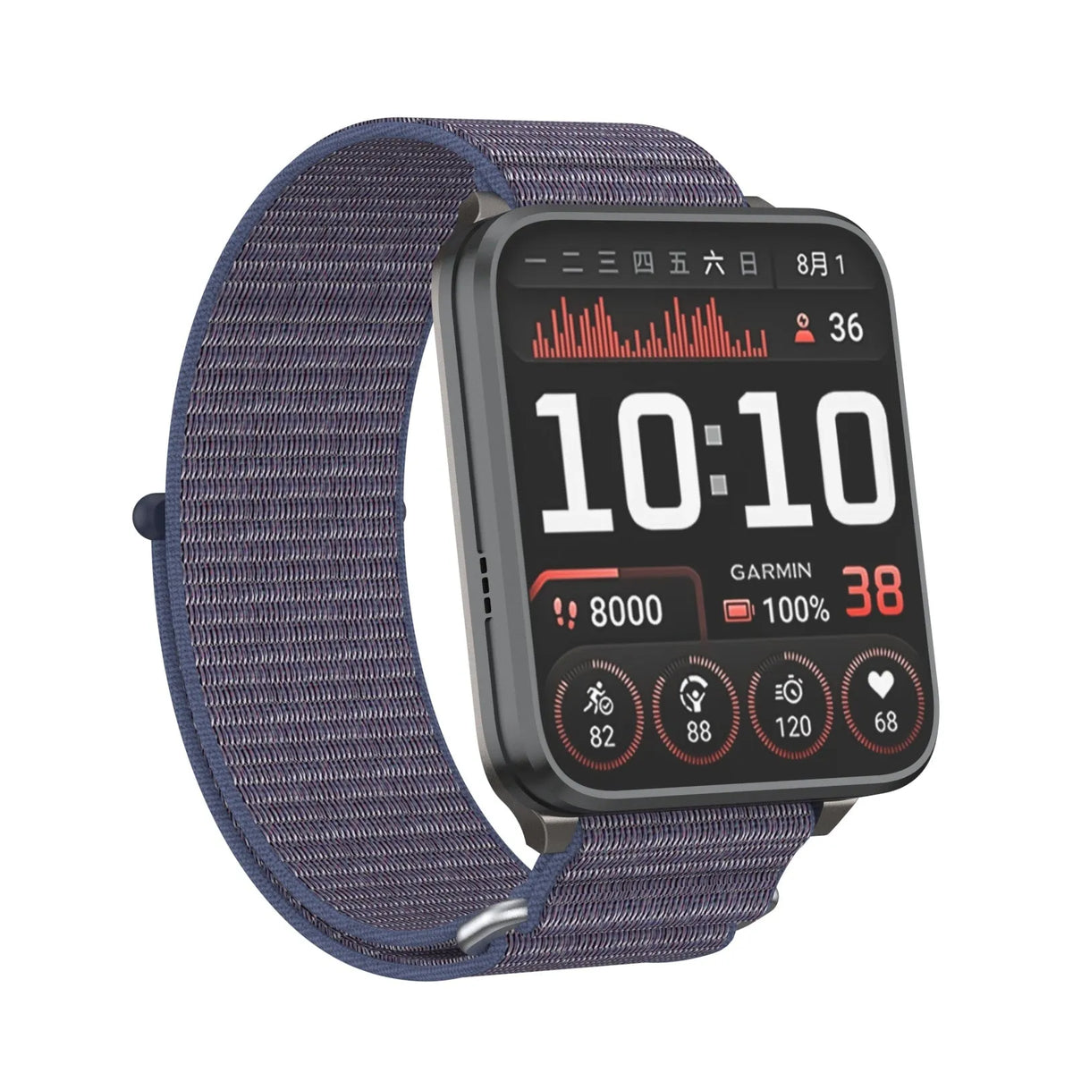 Nylon Strap, dark blue, on a watch, 3/4 front view