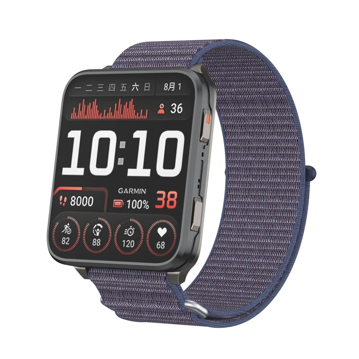Nylon Strap, dark blue, on a watch, 3/4 front view