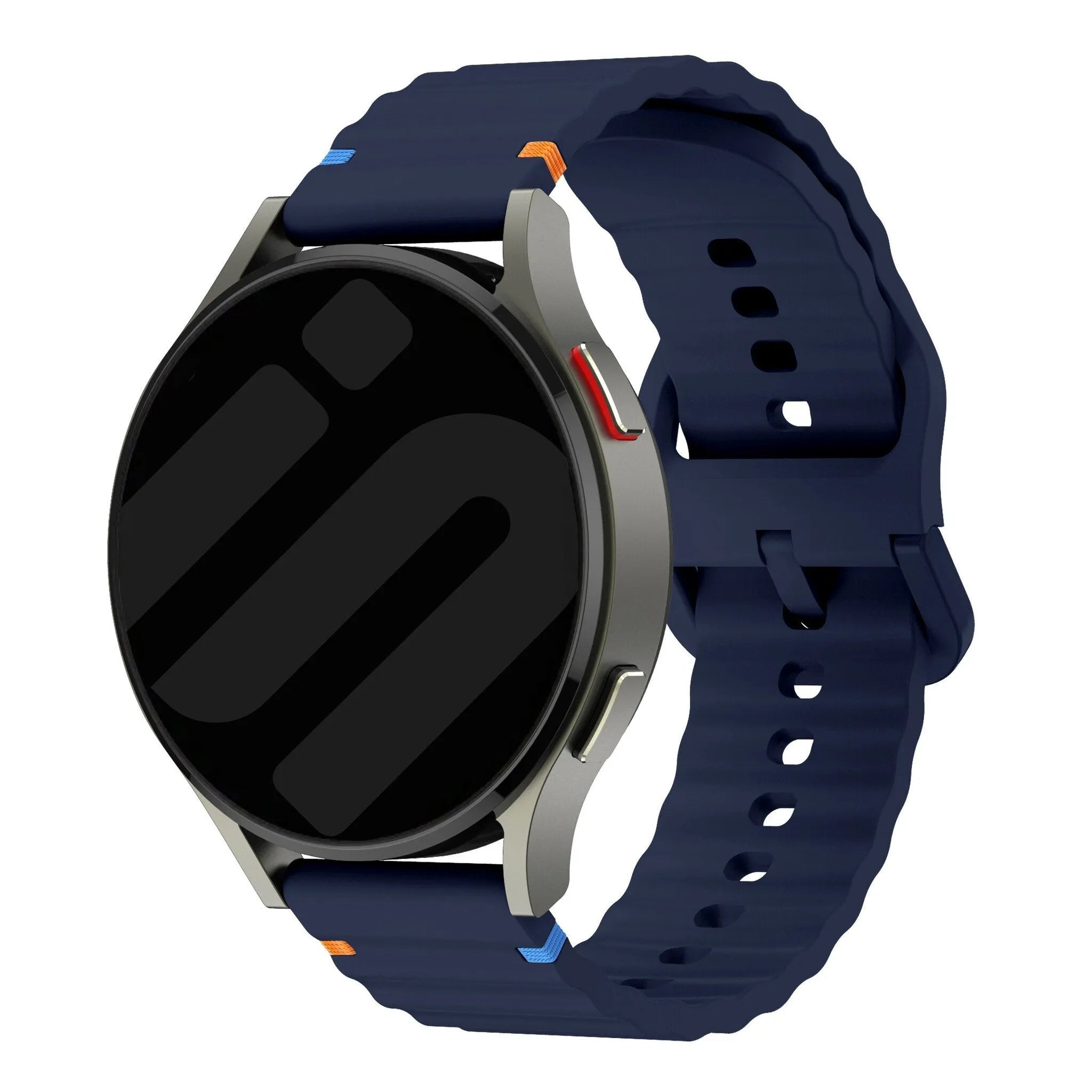 Wave Silicone Strap, dark blue, on a watch, 3/4 front view