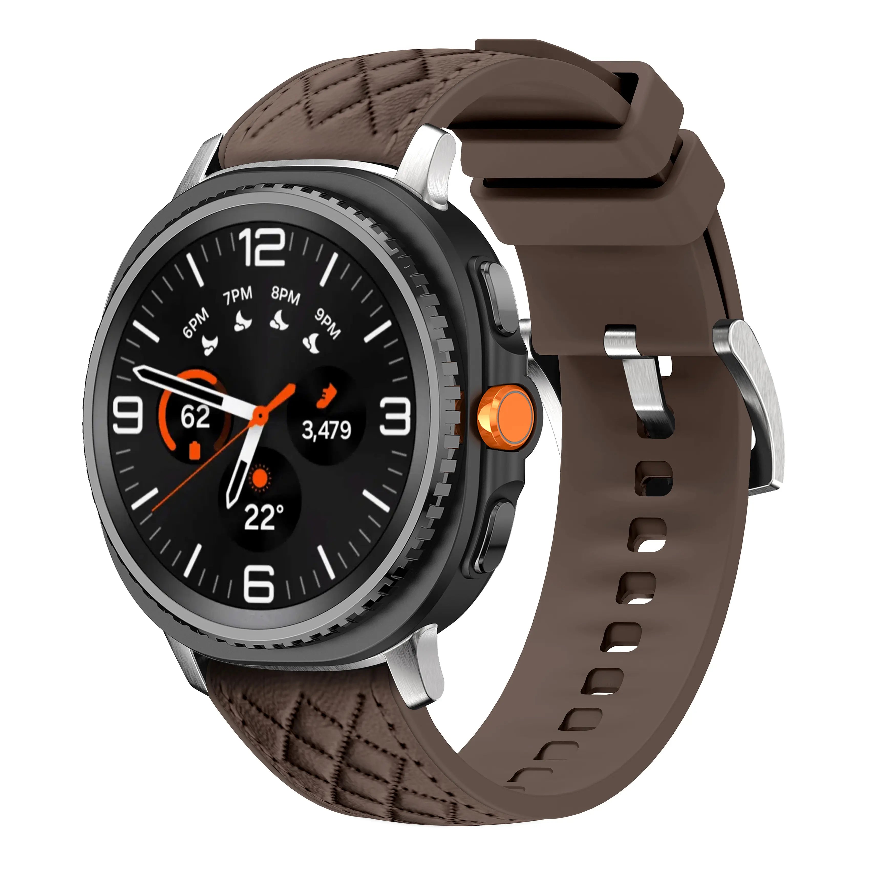 Diamond Leather Hybrid Strap, dark brown, on a watch, 3/4 front view