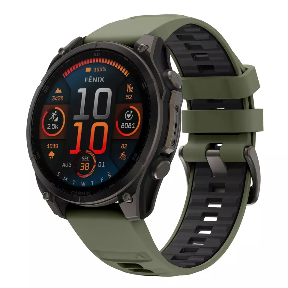Silicone Sport Buckle Strap, olive green/black, on a watch, 3/4 front view