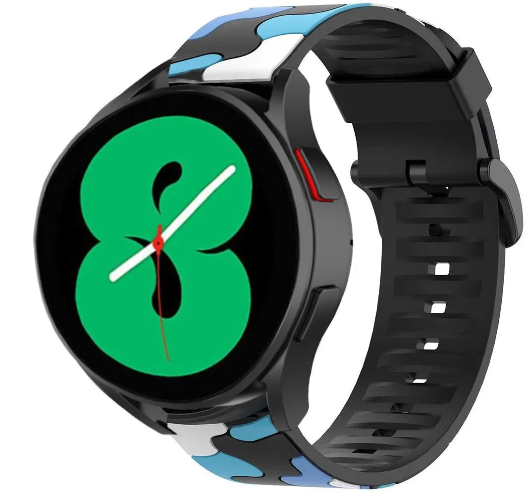 Silicone Camo Strap, blue, on a watch, 3/4 front view