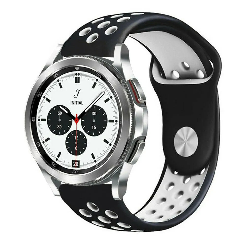 Silicone Sport Strap, black/white, on a watch, 3/4 front view