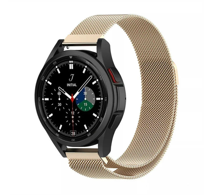 Milanese Strap, champagne, on a watch, 3/4 front view