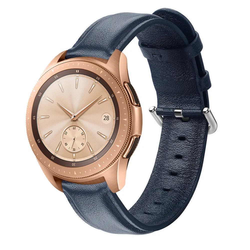 Leather Strap, dark blue, on a watch, 3/4 front view