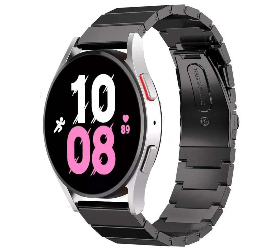 Premium Metal Strap, black, on a watch, 3/4 front view