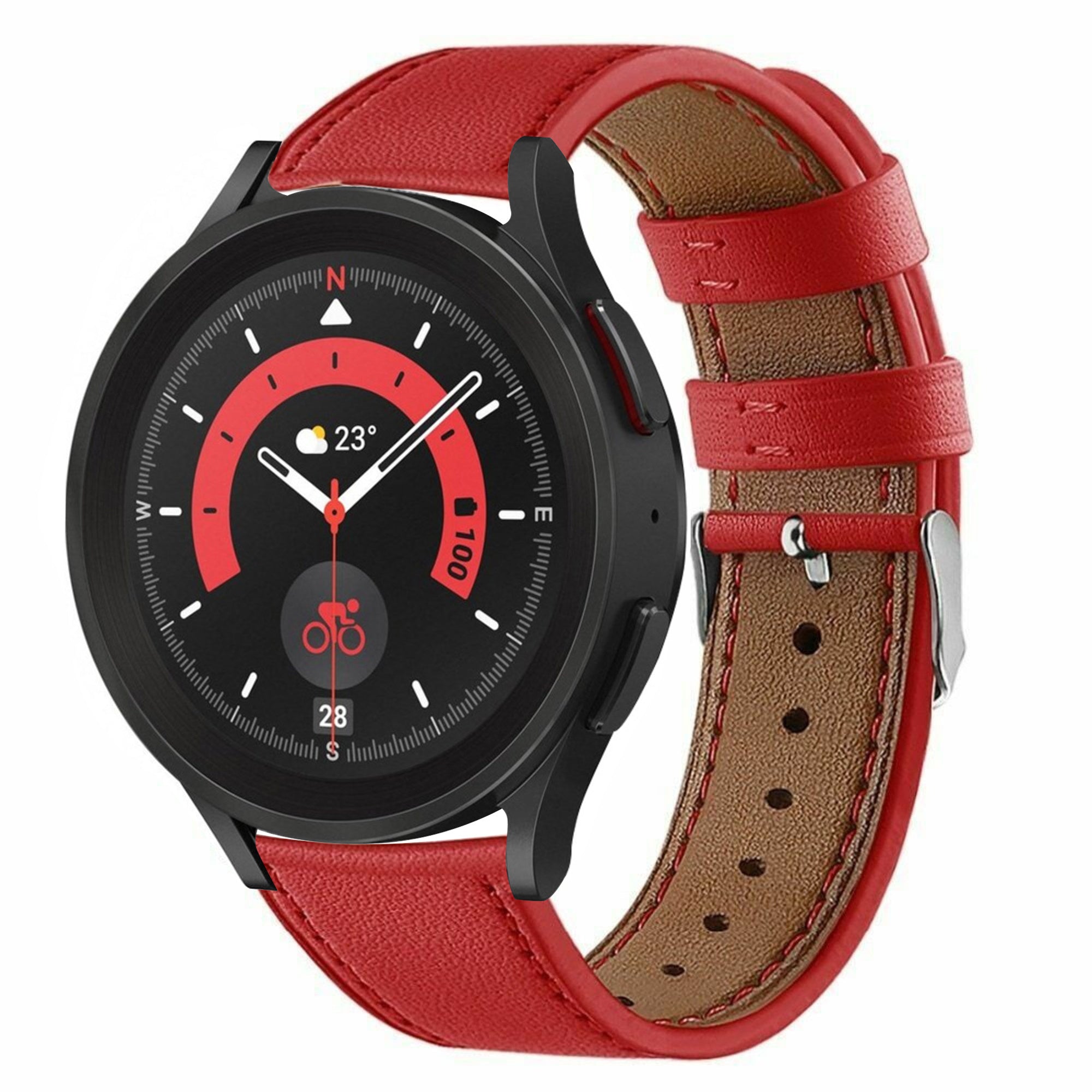 Modern Leather Strap, red, on a watch, 3/4 front view