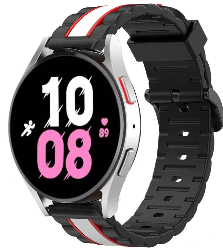 Silicone Special Edition Strap, black/white, on a watch, 3/4 front view
