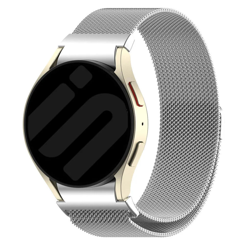 Milanese Strap 'One Push', silver, on a watch, 3/4 front view
